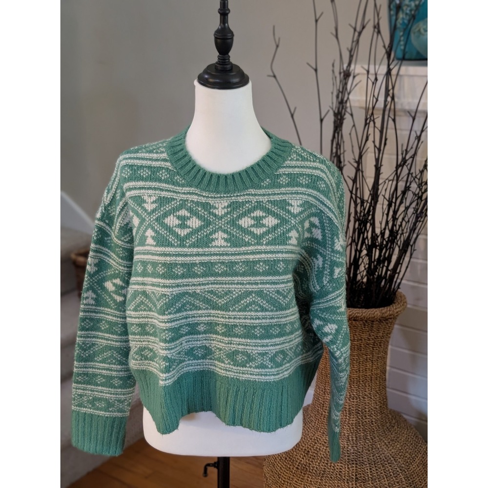 VTG Style American Eagle Green & Cream Fair Isle Chunky Knit Crewneck Sweater M